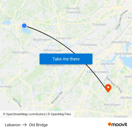 Lebanon to Old Bridge map