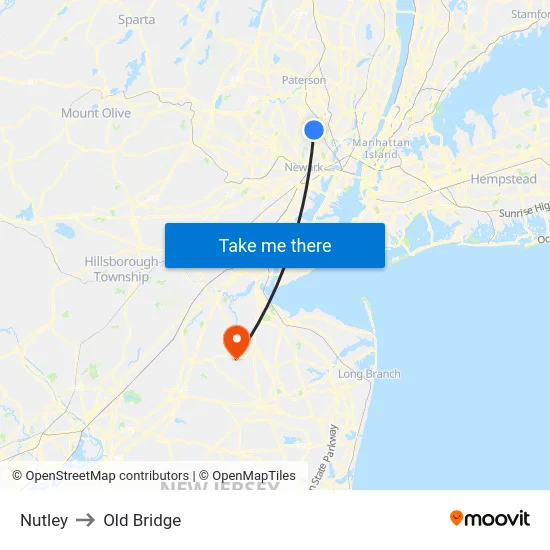 Nutley to Old Bridge map
