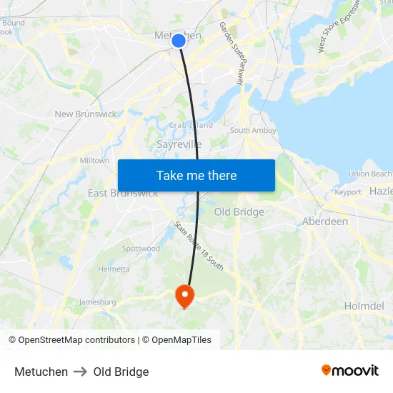Metuchen to Old Bridge map