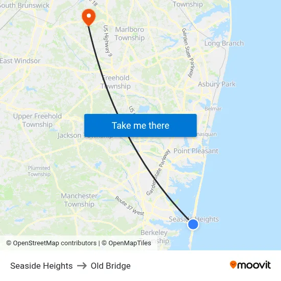 Seaside Heights to Old Bridge map