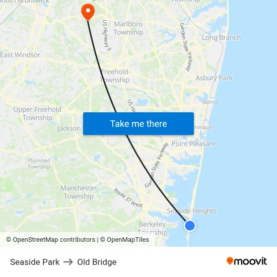 Seaside Park to Old Bridge map