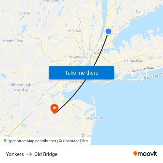 Yonkers to Old Bridge map