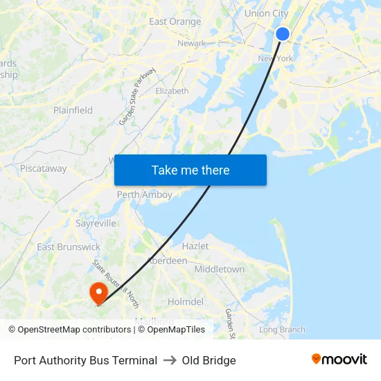 Port Authority Bus Terminal to Old Bridge map
