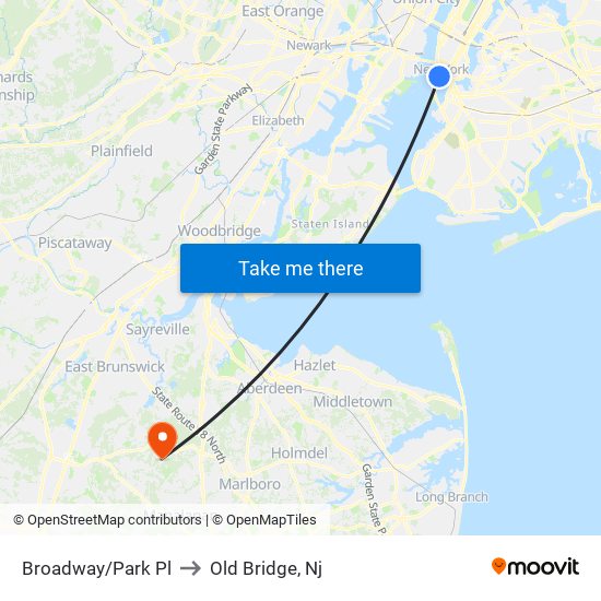 Broadway/Park Pl to Old Bridge, Nj map