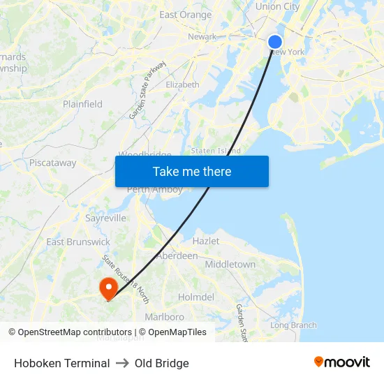 Hoboken Terminal to Old Bridge map
