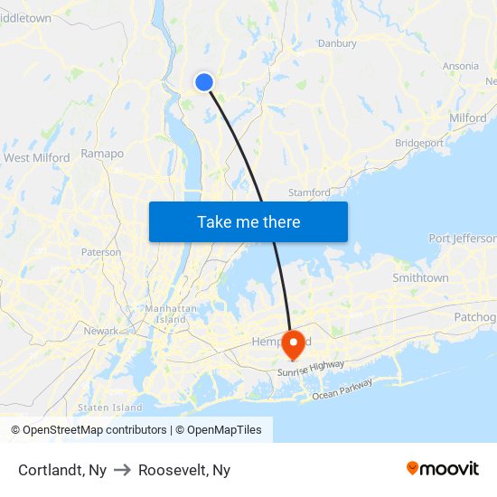 Cortlandt, Ny to Roosevelt, Ny map