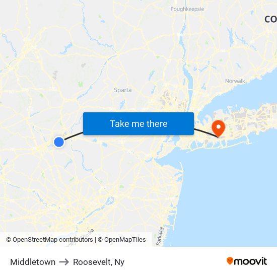 Middletown to Roosevelt, Ny map