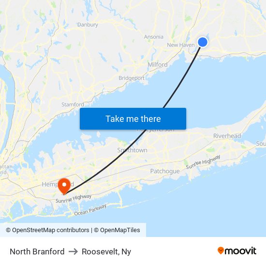 North Branford to Roosevelt, Ny map