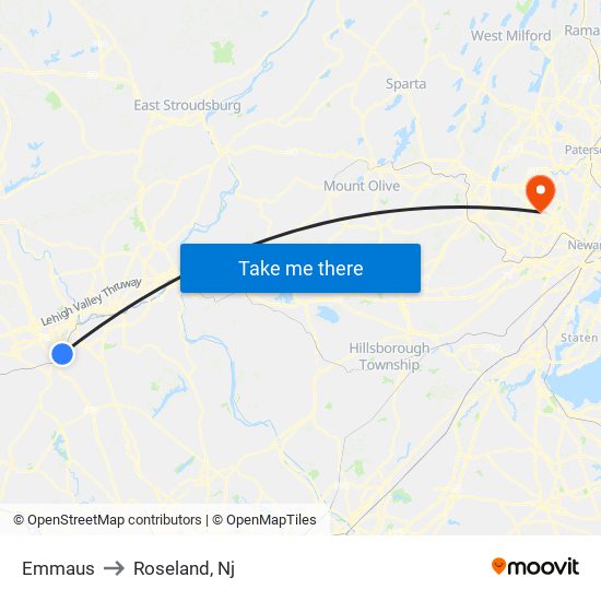 Emmaus to Roseland, Nj map