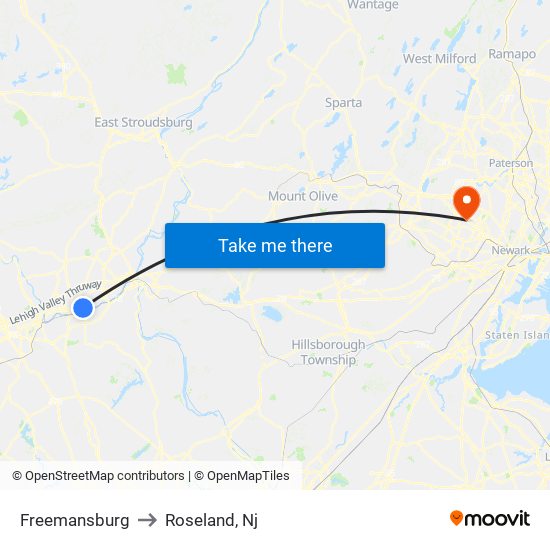 Freemansburg to Roseland, Nj map