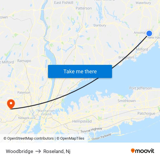 Woodbridge to Roseland, Nj map