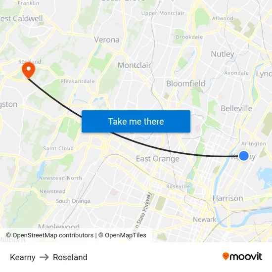Kearny to Roseland map