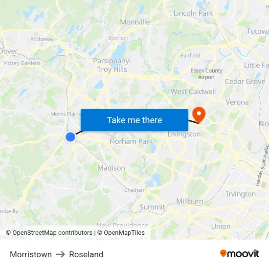Morristown to Roseland map