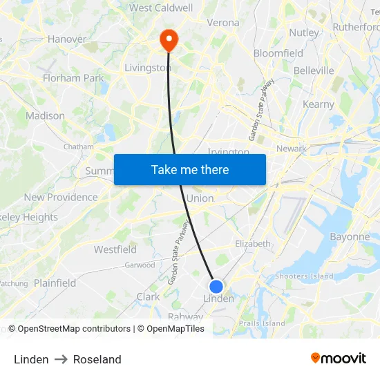 Linden to Roseland map