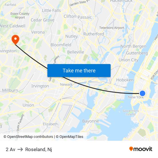 2 Av to Roseland, Nj map