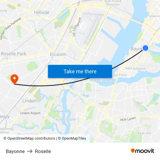 Bayonne to Roselle map