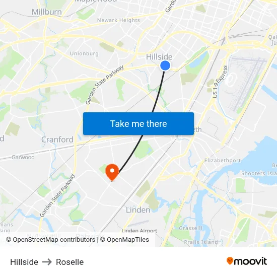 Hillside to Roselle map