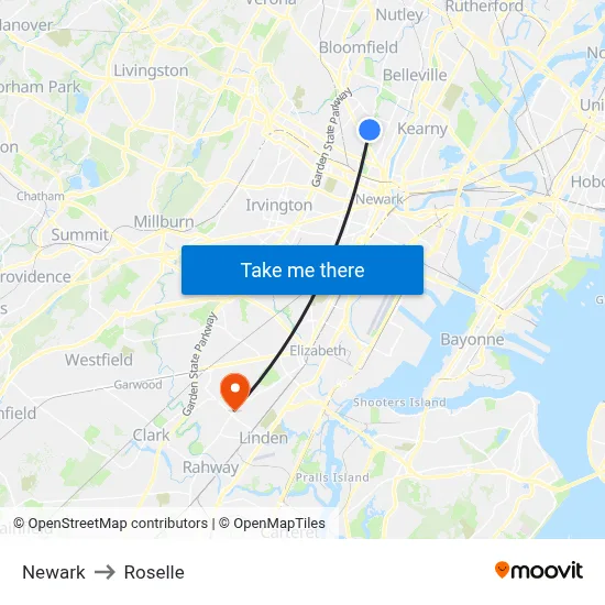 Newark to Roselle map