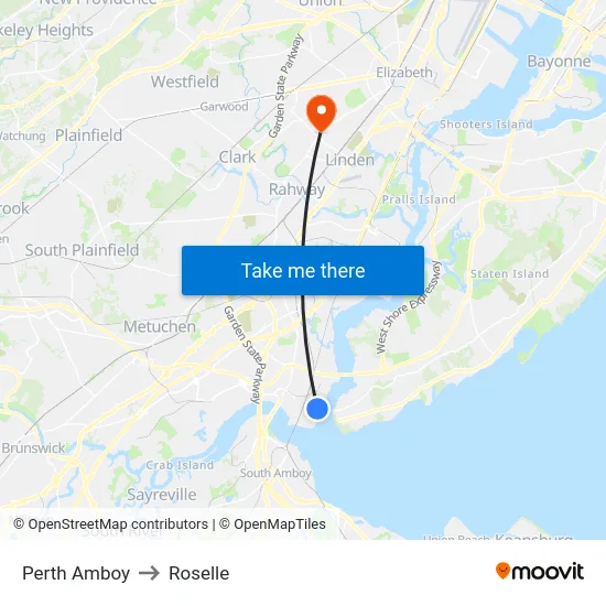 Perth Amboy to Roselle map