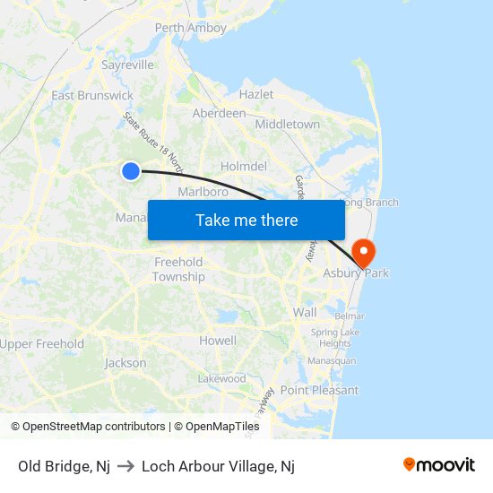 Old Bridge, Nj to Loch Arbour Village, Nj map