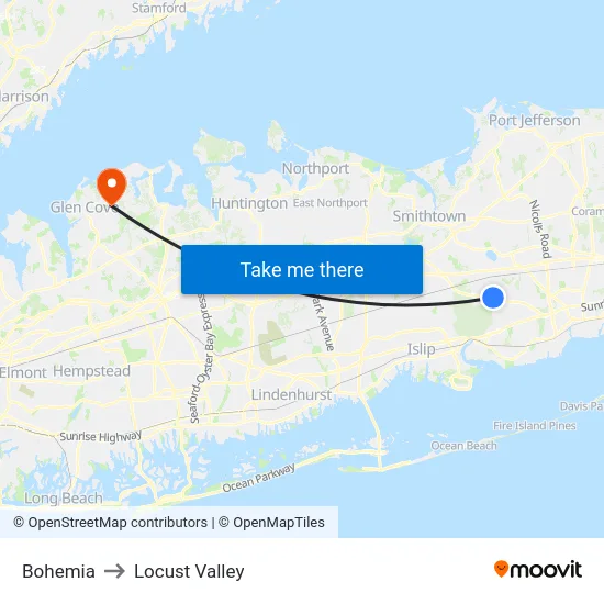 Bohemia to Locust Valley map