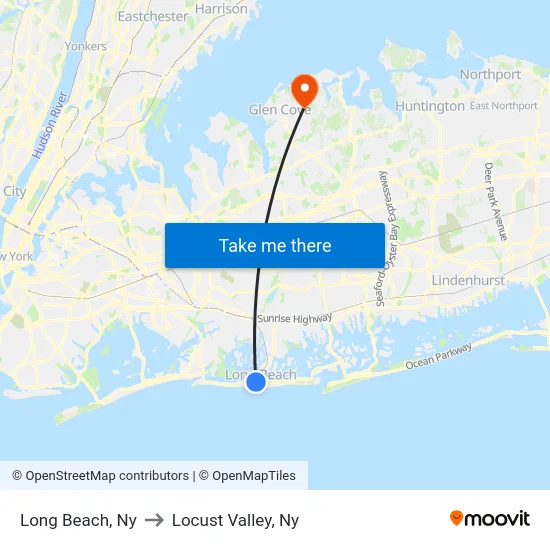 Long Beach to Locust Valley, Ny map