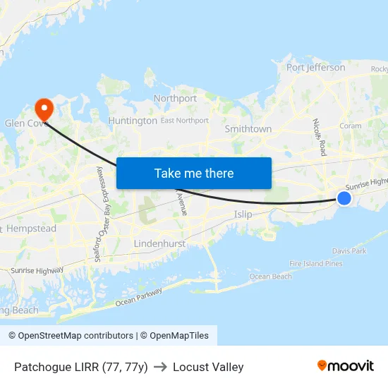 Patchogue LIRR (77, 77y) to Locust Valley map