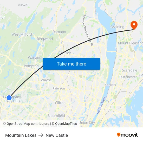 Mountain Lakes to New Castle map