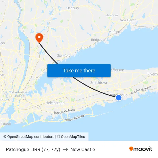 Patchogue LIRR (77, 77y) to New Castle map
