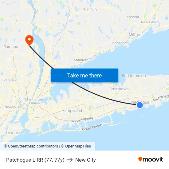 Patchogue LIRR (77, 77y) to New City map