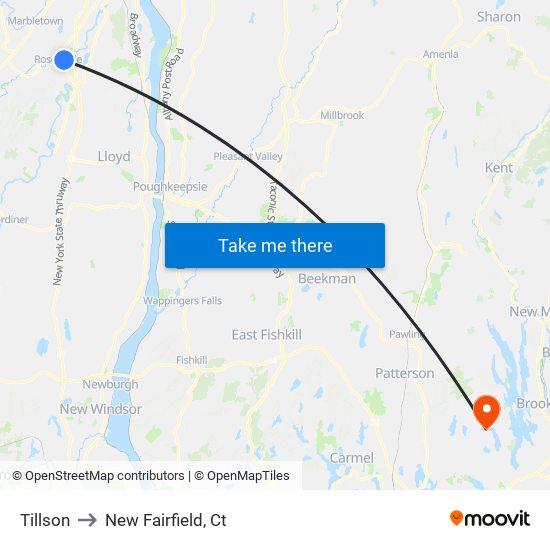 Tillson to New Fairfield, Ct map