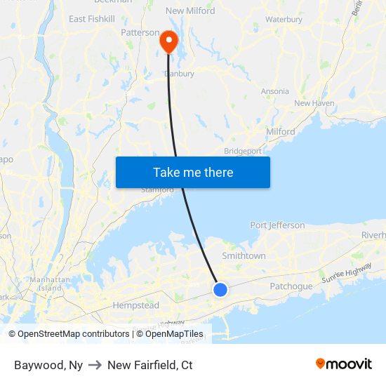 Baywood, Ny to New Fairfield, Ct map