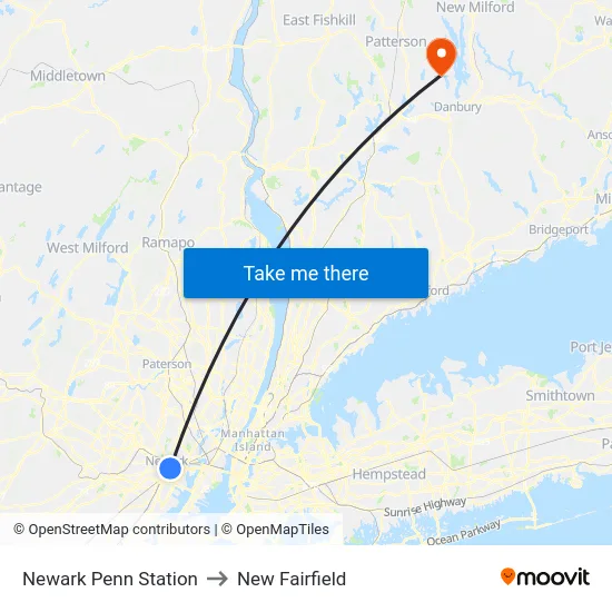 Newark Penn Station to New Fairfield map