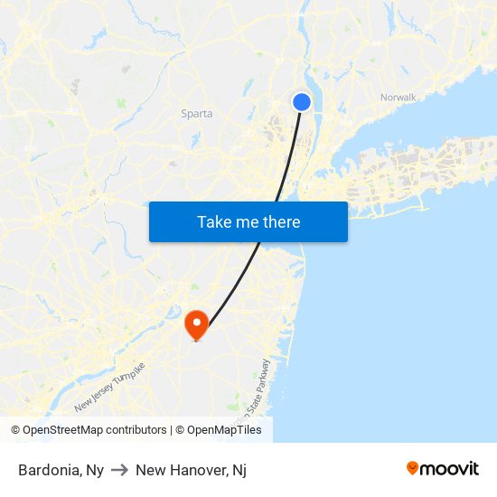 Bardonia, Ny to New Hanover, Nj map