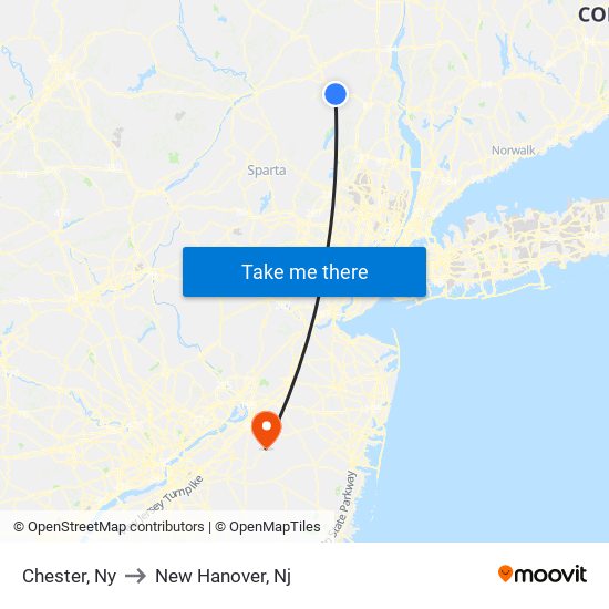 Chester, Ny to New Hanover, Nj map