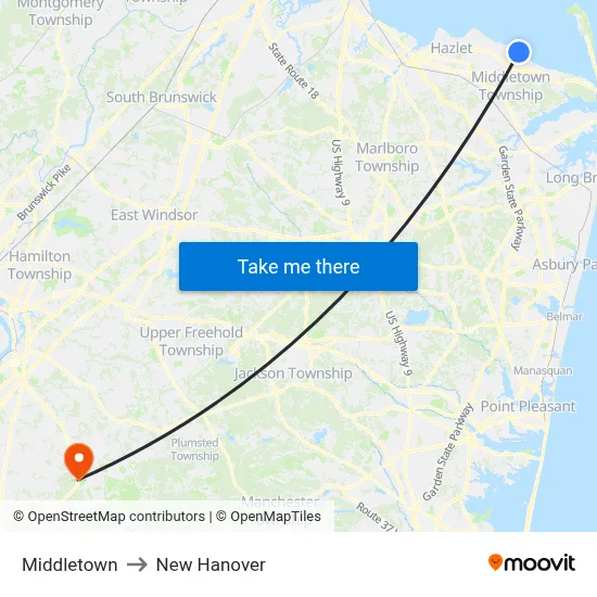 Middletown to New Hanover map