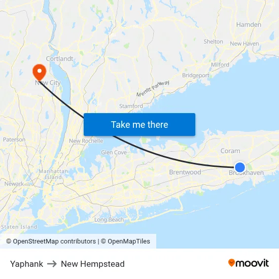Yaphank to New Hempstead map