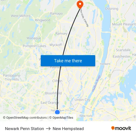Newark Penn Station to New Hempstead map