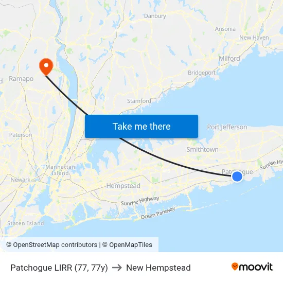 Patchogue LIRR (77, 77y) to New Hempstead map