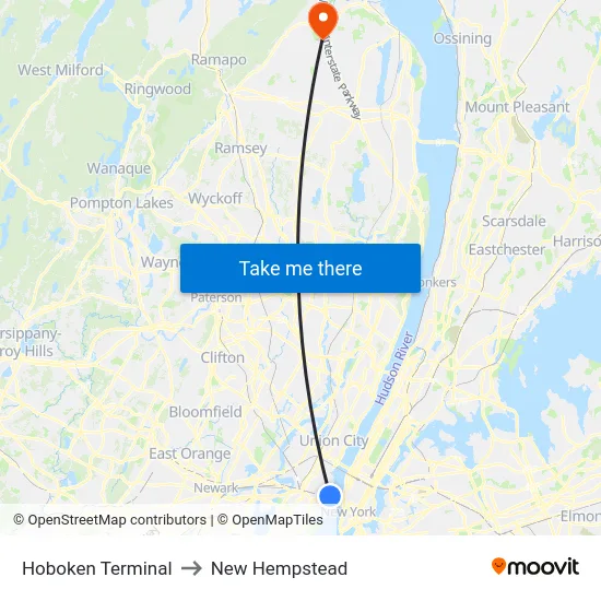 Hoboken Terminal to New Hempstead map