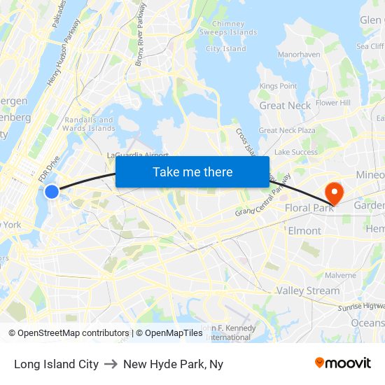 Long Island City to New Hyde Park, Ny map