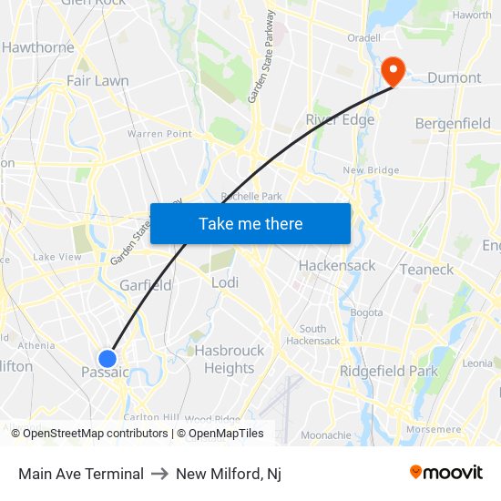 Main Ave Terminal to New Milford, Nj map