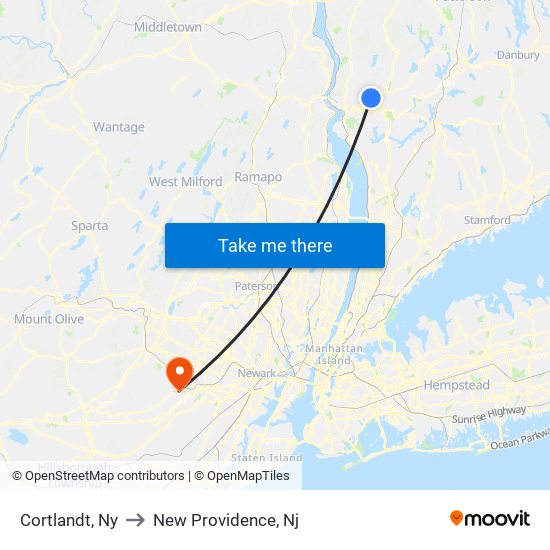 Cortlandt, Ny to New Providence, Nj map