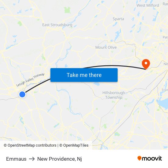 Emmaus to New Providence, Nj map