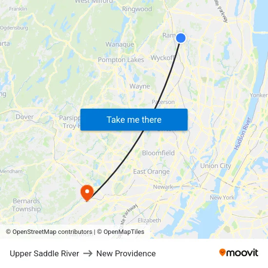 Upper Saddle River to New Providence map