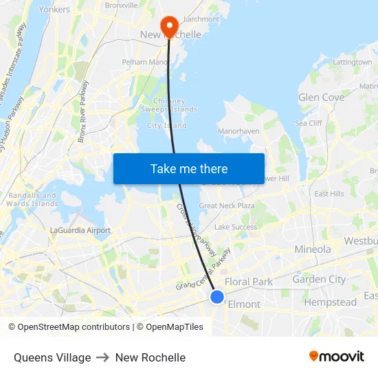 Queens Village to New Rochelle map