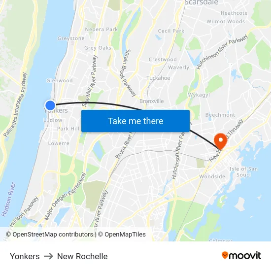 Yonkers to New Rochelle map