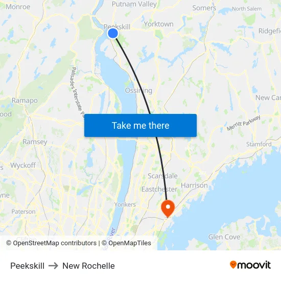 Peekskill to New Rochelle map