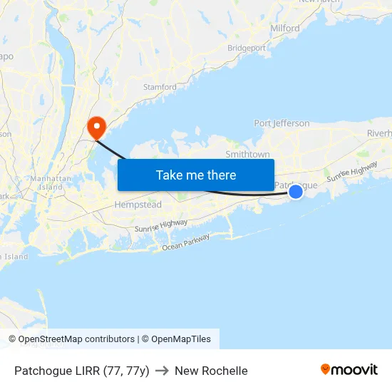 Patchogue LIRR (77, 77y) to New Rochelle map