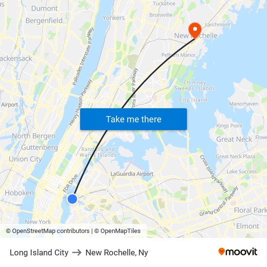 Long Island City to New Rochelle, Ny map